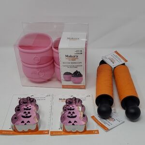 Pink Silicone Baking Cups and GHOST  Rolling Pins 2 PUMPKIN COOKIE Cutters Set